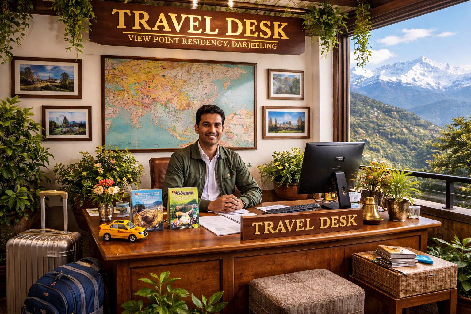 Hotel reception and travel desk near Mall Road Darjeeling with mountain view