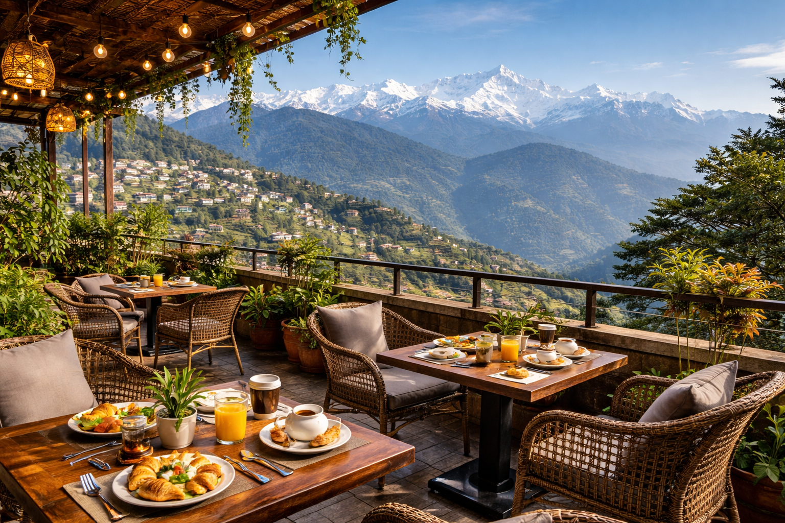 Outdoor dining with mountain view at hotel near Mall Road Darjeeling